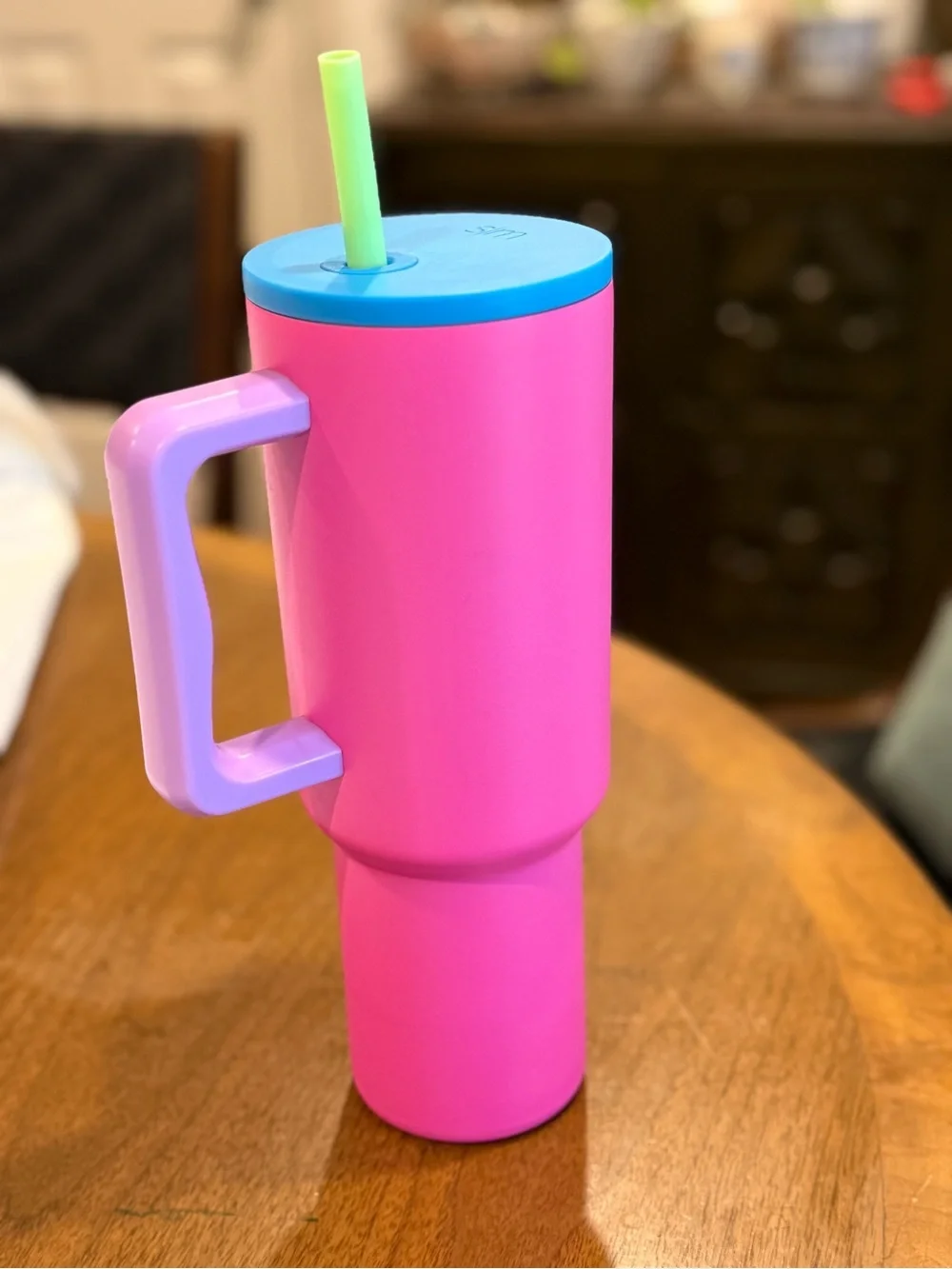 Slim Pink simple modern Travel Tumbler with Handle and Blue Lid